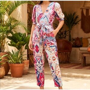 Farm‎ Rio Colorful Print Jumpsuit Belted V Neck Puff Sleeve Boho One Piece XS